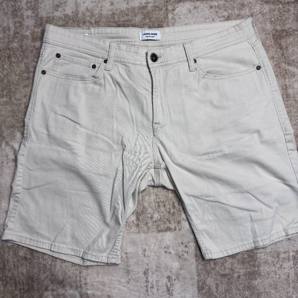 Jack & Jones Cream Colored Cotton Denim Flat Jean Shorts, XXL (36" - 38")